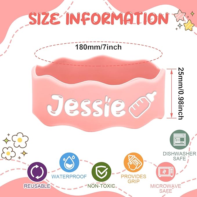 Personalized Baby Bottle Labels for Daycare Custom Engraved Silicone Bands with Name Logo Reusable Personalized Name Labels for Daycare Kindergarten School Summer Camps