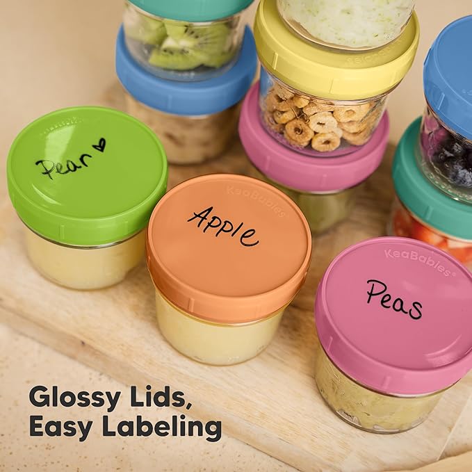 KeaBabies 12-Pack 4oz Glass Jars with Lids - 12pk Small Glass Baby Food Containers with Lids, Leak-Proof, BPA-Free, Purees & Baby Snack Containers Storage, Microwave, Dishwasher & Freezer Safe