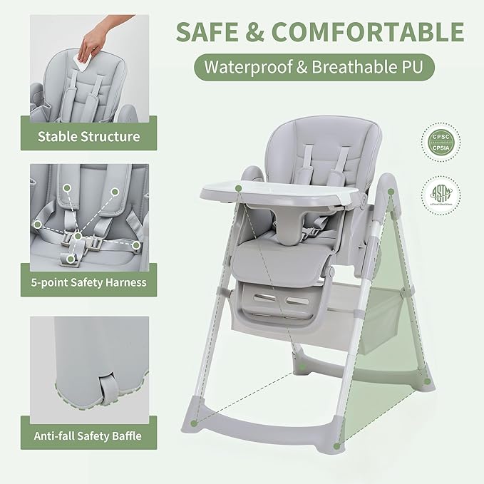 GarveeLife Foldable High Chair for Babies & Toddlers, PU Leather Highchair with Adjustable Backrest, Footrest, Seat Height, Removable Tray, 5-Point Safety Harness, Light Grey