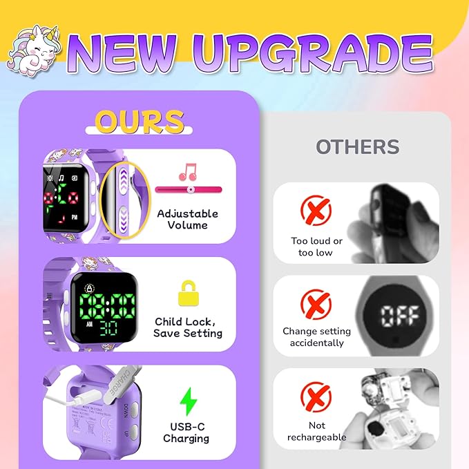 Toddler Potty Training Watch: Music & Light Reminders Water Resistant Potty Watches for Kids Adjustable Volume Countdown Timer Rechargeable Unicorn Digital Toddler Watch for Girls (Purple)