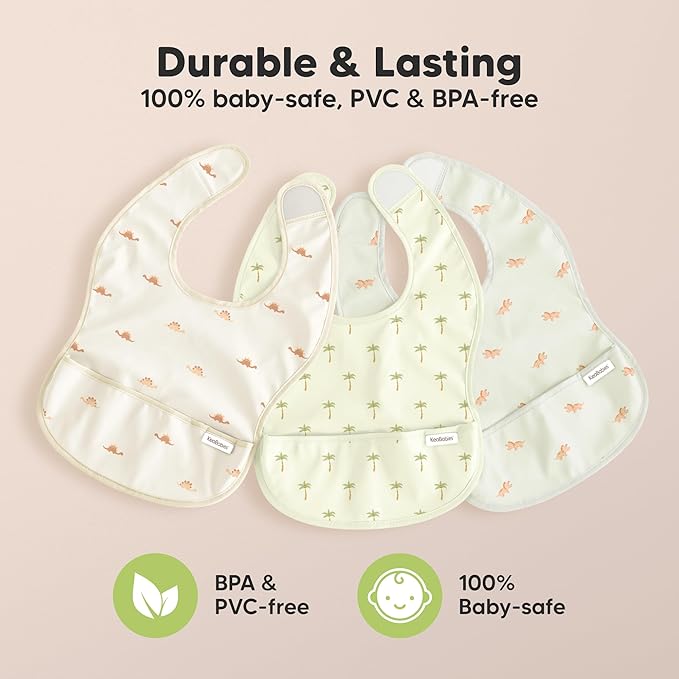 KeaBabies 3-Pack Waterproof Baby Bibs for Eating - Lightweight Toddler Feeding Bibs with Large Food Catcher, Mess Proof, Food-Grade Baby Eating Essentials, Easy to Put On & Clean (Roarsome)