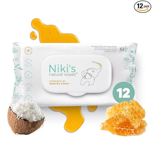 Niki's Natural Baby Wipes | Sensitive Organic Baby Wipes | Made with Manuka Honey and Coconut Oil, No Added Scents | EWG Verified | 744 Wipes (12 Pack x 62 Count Wipes) Baby Wipes Bulk