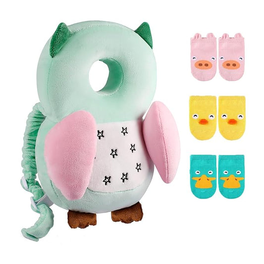 Baby Toddler Walker Head Protector Backpack Adjustable Wear Head Protection Safety Pad Backpack with 3 Pairs Socks for Baby Toddler & Walker Walking & Crawling Cute Owl MTY WZ S4