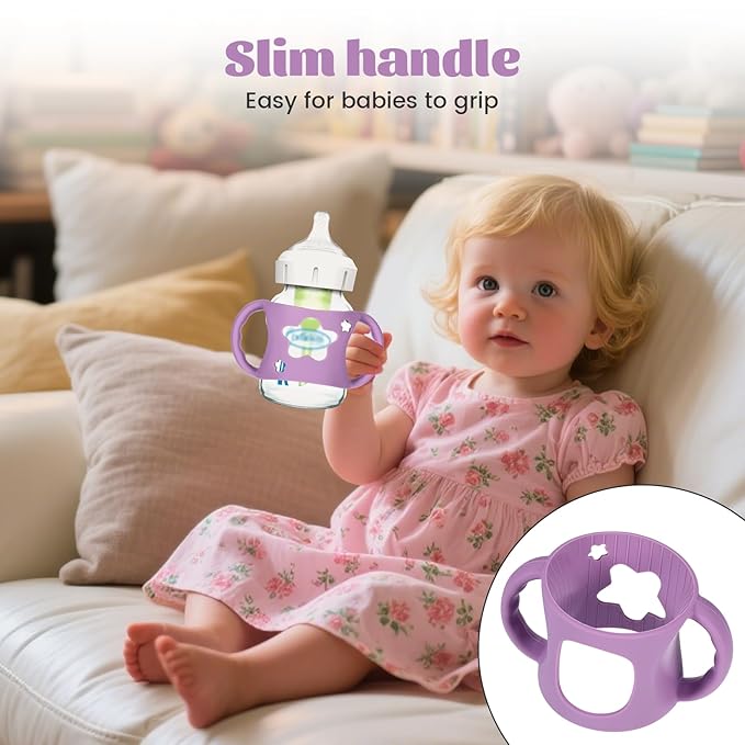 4 PCS Handles for Dr Brown Bottles,Durable Food-Grade Silicone Material Baby Bottle Holder,Cute Star Shape Design,Allows Baby to Hold The Bottle Themselves Easily(Green,Purple,Pink,White)