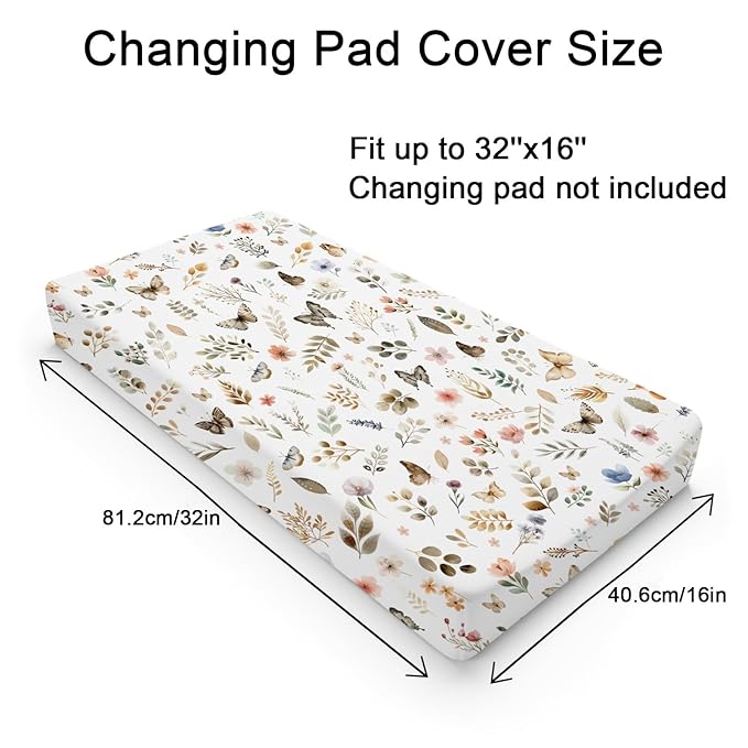 Retro Boho Floral Leaves Butterflies Changing Pad Cover Botanic Garden Spring Diaper Changing Table Sheets for Girl Boy Wild Plants Soft Breathable Stretchy Baby Changing Table Mats Sheets 32''x16''