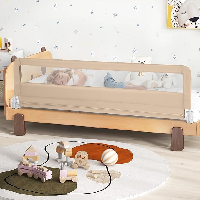 HONEY JOY Bed Rail for Toddlers, 71-in Extra Long, Portable Safety Bed Guardrail w/Double Safety Child Lock, Foldable Baby Bed Rail Guard, Fit King & Queen Full Twin Size Bed Mattress(Beige, Pack 2)