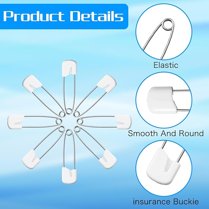 Xinjoduz 100 Pieces Diaper Pins for Cloth Diapers, 1.6 Inch Plastic Head Baby Safety Pins with Locking Closures Stainless Steel Large Diaper Nappy Pin Heavy Duty (White)