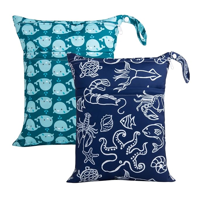 ALVABABY 2pcs Cloth Diaper Wet Dry Bags Waterproof Reusable with Two Zippered Pockets Travel Beach Pool Daycare Soiled Baby Items Yoga Gym Bag for Swimsuits or Wet Clothes LX-SW1821