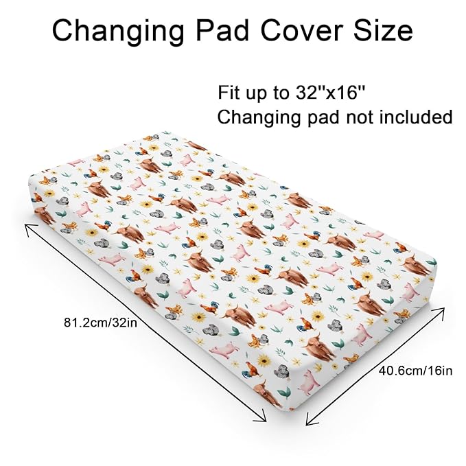 Watercolor Farm Animals Baby Changing Pad Covers Yak Pigs Rooster Hens Boho Sunflowers Leaves Diaper Change Table Pad Cover for Boys Girls Soft Stretch Fitted Changing Mat Sheets 32''x16''