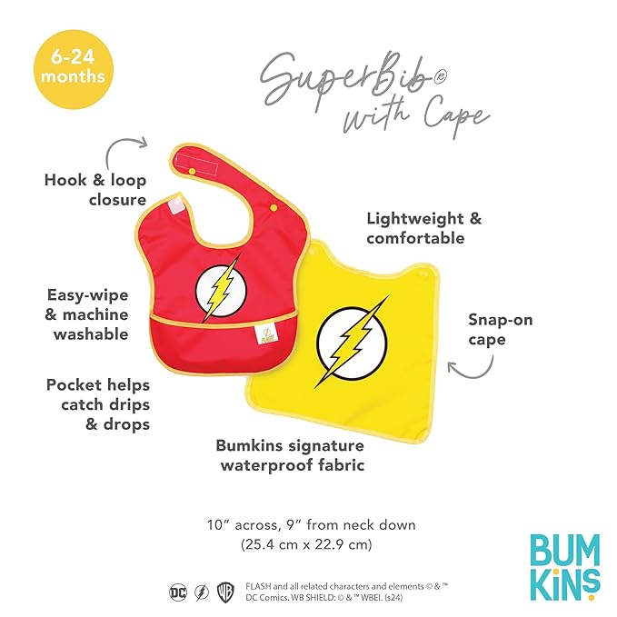 Bumkins Bib for Girl or Boy, Baby and Toddler for 6-24 Months, Essential Must Have for Eating, Feeding, Baby Led Weaning, Mess Saving Waterproof Soft Fabric, SuperBib with Cape, The Flash DC Comics