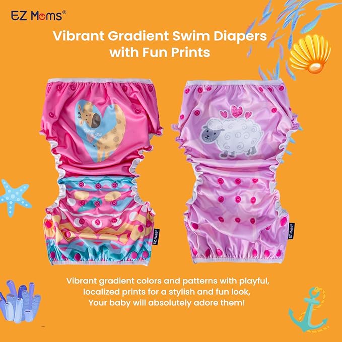 EZ Moms Baby Swim Diapers Reusable 2Pcs Large Size Snap Adjustable Washable One Size Toddler Swim Diaper with a Shammy Towel for Baby Girl Water Diaper Waterproof Swimming Diapers for Swimming Lessons