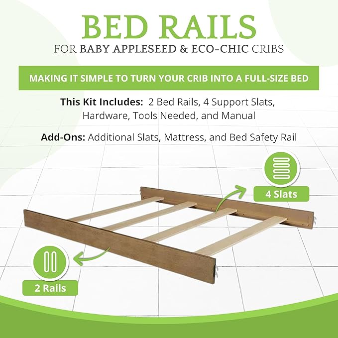 Full-Size Conversion Kit Bed Rails for Baby Appleseed and Eco-Chic Convertible Cribs - Solid Wood Rail - Toddler & Adult Bed Rail for Full-Size Beds - Nursery & Baby Furniture (Sandwash, Hook-On Kit)