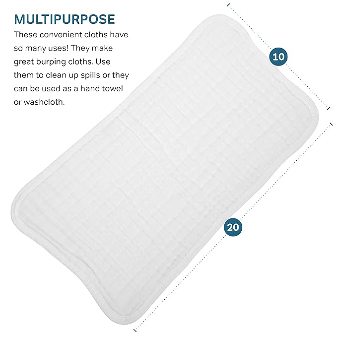 AllSett Health 10 Pack Muslin Burp Cloths Large 20" by 10" 100% Cotton, Hand Wash Cloth 6 Layers Extra Absorbent and Soft White