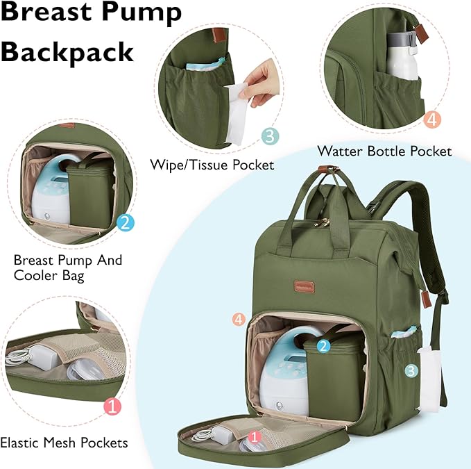 mommore Breast Pump Backpack for Spectra S1,S2 Medela Large Diaper Backpack for Working Moms with 15.6 inch Laptop Sleeve, Green