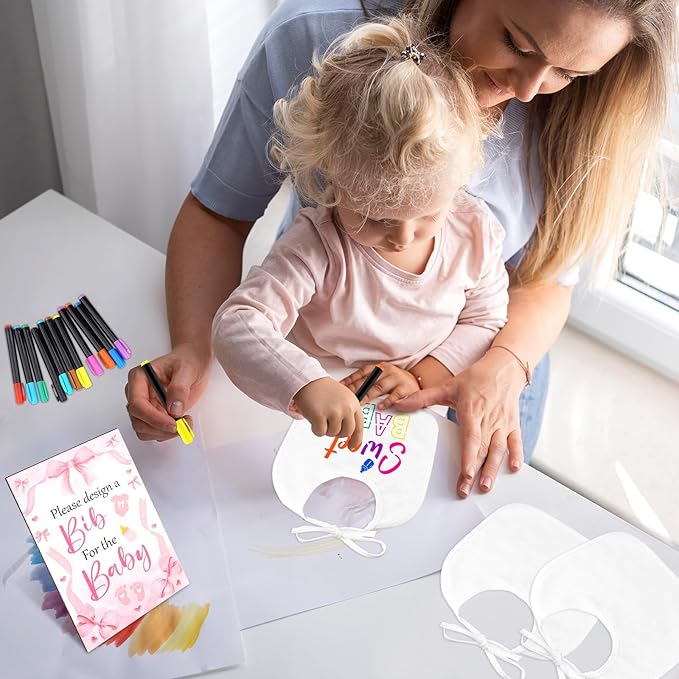 FIONUPI 55 Pcs Baby Bibs Decorating Kit Includes 1 Wooden Pink Bow Baby Shower Game Sign 22 DIY White Bibs 22 Bow Stencils 10 Colorful Markers Supplies for Shower Games