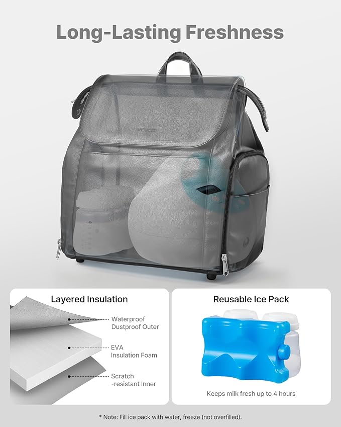 VEVOR Breast Pump Backpack, Breast Feeding Bag with Ice Pack, Compatible with Spectra S1 & S2, Portable Pump Carrying Case for Pump & Breastmilk Storage, Work, Travel, Daycare and Family Use, Black
