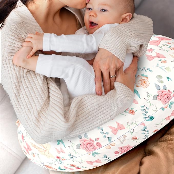 GFU Nursing Pillow Cover for Boys and Girls, Breastfeeding Pillow Case for Newborn, Soft Baby Breastfeeding Pillow Slipcover Colourful Bow & Flowers, Stretchy Feeding Cover (Cover Only)