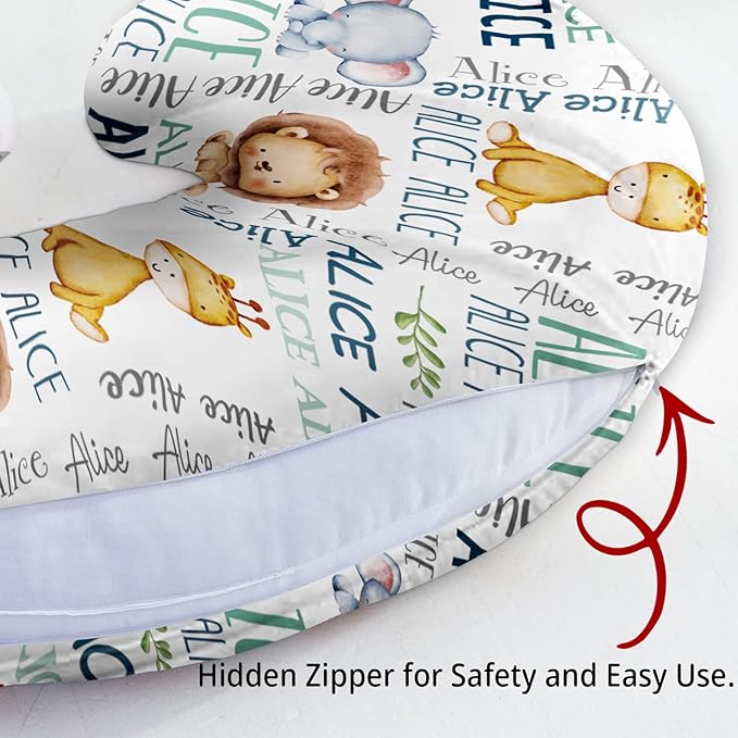 Baby Nursing Pillow Cover - Personalized Name Breastfeeding Pillow Cover with Lion Pattern, Stretchy Removable U-Shaped for New Moms, Soft Breathable Slipcover for Infant Boys Girls