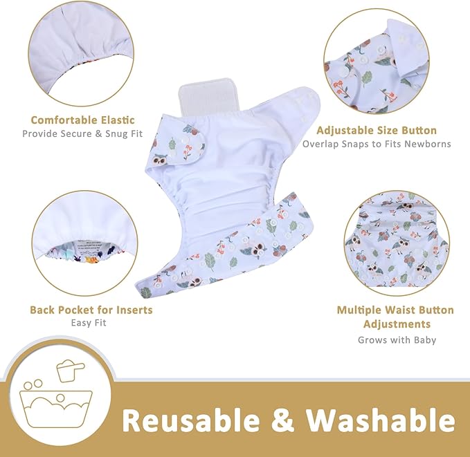 TDIAPERS Cloth Diaper Covers Reusable Washable Pocket Diapers One Size Adjustable for Baby 10 Pack with 10 Pcs Microfiber Inserts, 1 Wet Bag