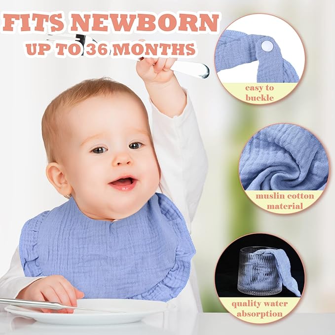 Seematn 10 Pcs Baby Muslin Bibs for Unisex Girls & Boys Drool Bibs Bandana Ruffle Soft Cotton for Newborn Infants Toddlers(Light Colors)