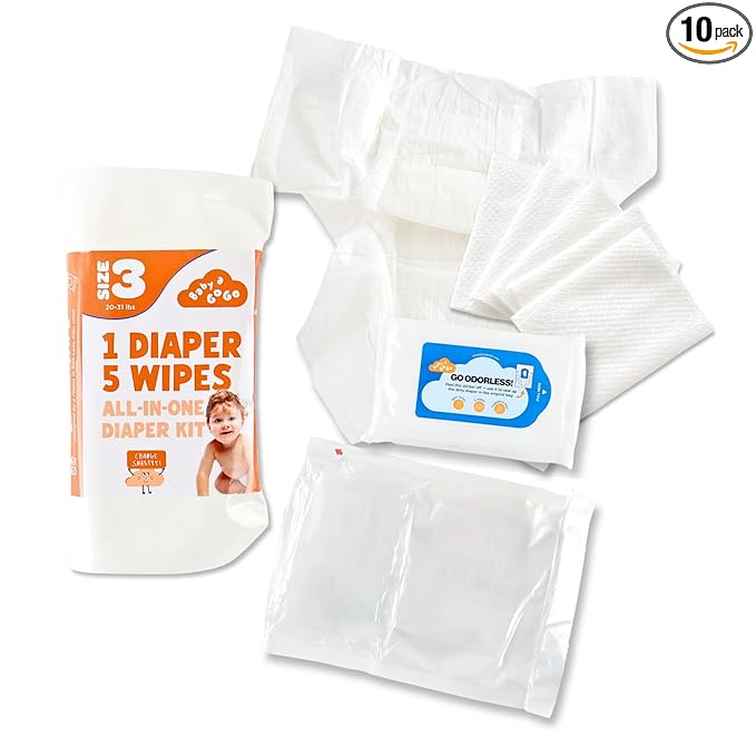 Pocket-Sized Travel Diaper Kit (Size 3, 16–28 lbs) – 10-Kit Value Pack | 1 Diaper, 5 Wipes & Odor-Lock Disposal Bag | Baby Travel Essentials for Airport & On-the-Go