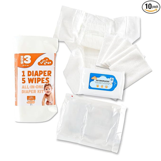 Pocket-Sized Travel Diaper Kit (Size 3, 16–28 lbs) – 10-Kit Value Pack | 1 Diaper, 5 Wipes & Odor-Lock Disposal Bag | Baby Travel Essentials for Airport & On-the-Go