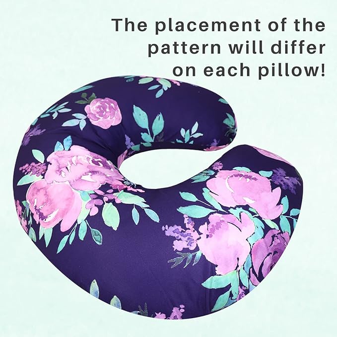 Purple Floral Nursing Pillow Cover, Breastfeeding Pillow Slipcover for Baby Boys & Girls, Nursing Pillow Case for Newborn, Soft Fabric Fits Snug On Infant, Washable & Breathable, Watercolor Flower