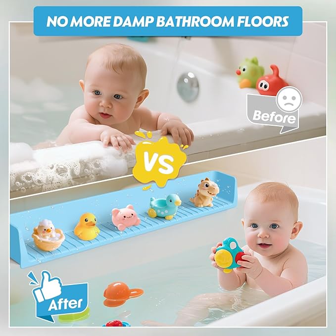 Ganaj Silicone Bathtub Splash Guard for Kids, Splash Guard for Bathtub with 11 Suction Cups,Toy Tray Caddy Holder for Tub,Prevents Water Spills in Bathroom, Bathtub Shelf for Kids (Baby Blue)
