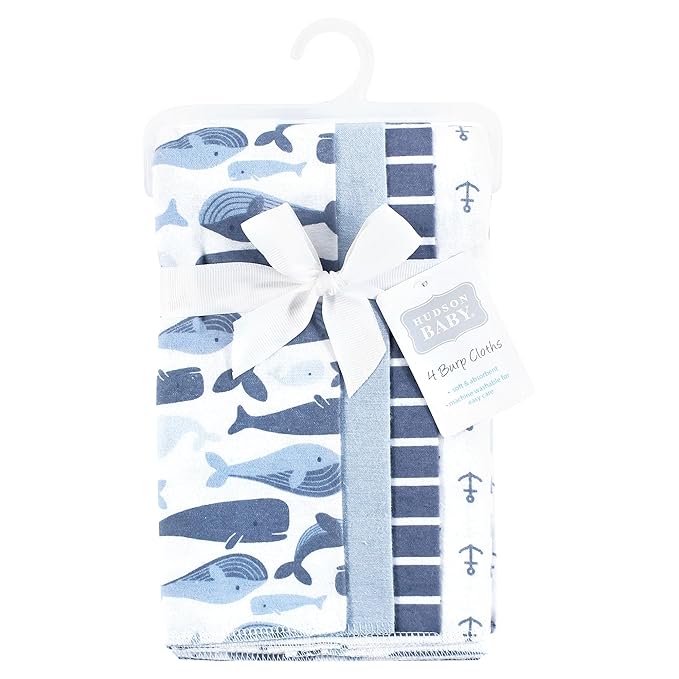 Hudson Baby Unisex Baby Cotton Flannel Burp Cloths 4-Pack, Cute Whales, One Size
