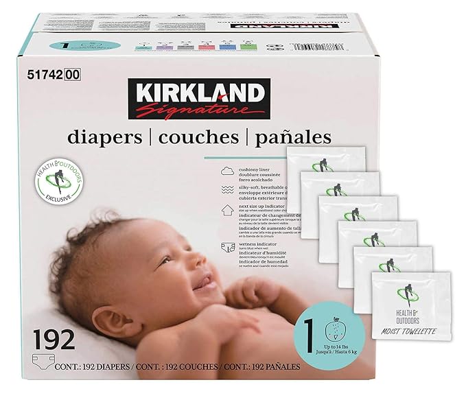 Kirkland Signature Diapers Size 1 (Up to 14 Pounds) 192 Count W/Exclusive Health and Outdoors Wipes