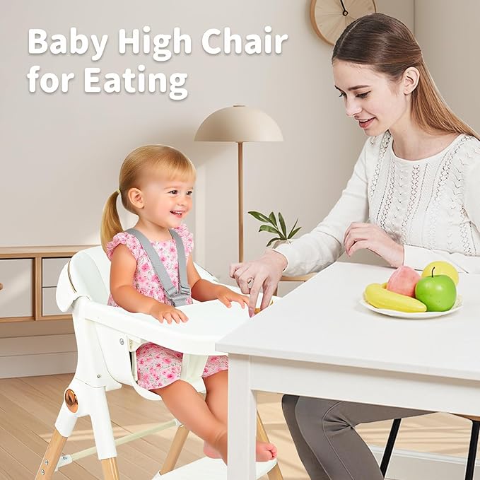 Baby High Chair for Toddler, Foldable High Chair for Dining Table Highchair with 5 Point Harness Seat Removable Adjustable Tray Portable Baby Dinning Chair with Lockable Wheels Easy to Clean Surface