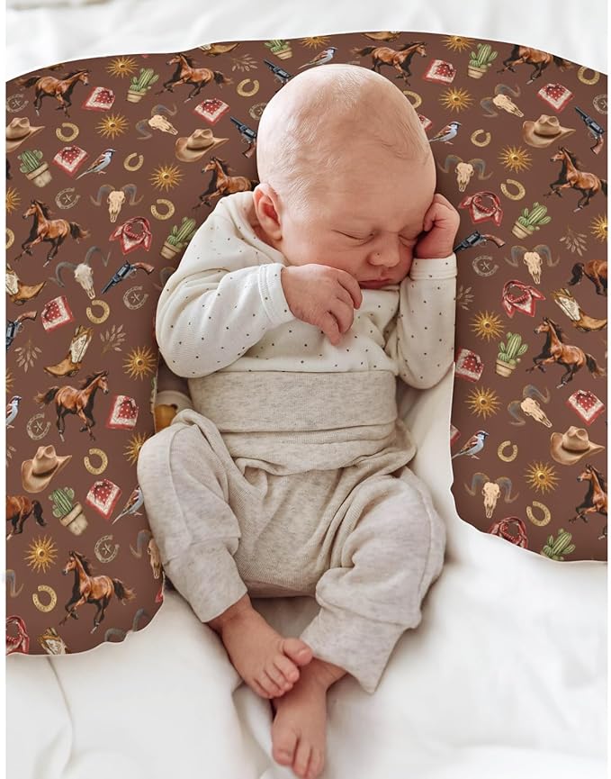Western Cowboy Baby Nursing Pillow Covers for Boy Girl Vintage Horse Cowboy Boots Hat Cactus Goat Sun Nursery Pillowcase for Breastfeeding Pillows Wild West Soft Stretchy Slipcover for Newborn Infant