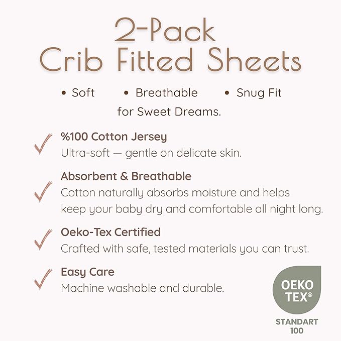 Fitted Crib Sheets for Girls, 2 Pieces 52"x28" 100% Cotton Crib Mattress Sheet, Absorbent Baby and Toddler Bed Sheets, Mattress Cover Oeko-TEX Cribs Sheet Set, Pink Floral Girl Nursery Gift Set