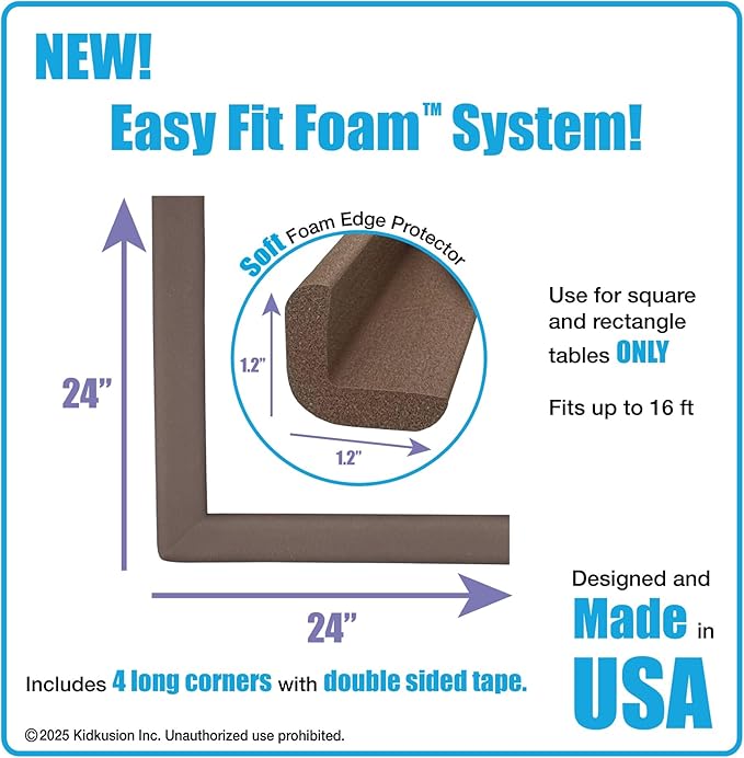 KidKusion Corner and Edge Protector | Easy Fit System | Soft Durable Foam Rubber Padding for Furniture w/Doublesided Tape | Babyproofing Bumper Guards | Large Profile | 16 Ft. | Brown