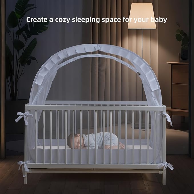 Lazyzzzz Crib Tent - Pop Up Crib Canopy with Double Zipper Self-Locked,1200 Holes/Inch Mesh Crib Net to Keep from Climbing Out, Portable Easy Install Mosquito Net 55" L x 27" W x 51" H White