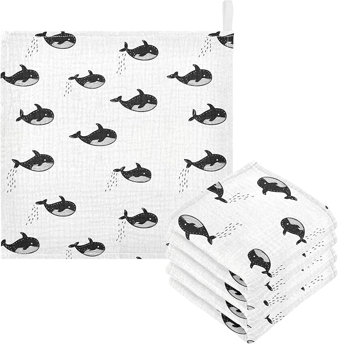 vvfelixl Baby Muslin Washcloths Little Cute Orca Baby Burp Cloths Cotton Babys Face Towel for Newborn Infants Boys Girls Soft and Absorbent 11.8 X 11.8 in, 3 Pack