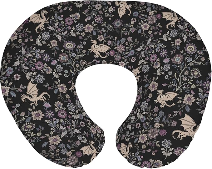 Fantasy Floral Dragons Baby Nursing Pillow Covers for Boy Girl Fairytale Dragon Gothic Black Purple Flowers Nursing Slipcovers for Breastfeeding Pillows Animal Soft Stretchy Cover for Newborn Infant