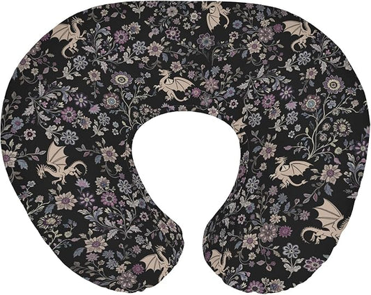 Fantasy Floral Dragons Baby Nursing Pillow Covers for Boy Girl Fairytale Dragon Gothic Black Purple Flowers Nursing Slipcovers for Breastfeeding Pillows Animal Soft Stretchy Cover for Newborn Infant