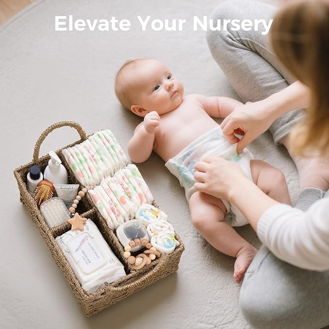 Diaper Caddy Organizer, Hand Rattan Nursery Baby Basket Changing Table Organizer for Baby Essentials, Baby Shower Gifts, Versatile Shelf Basket Bathroom/Kitchen Organizer (Natural, L)