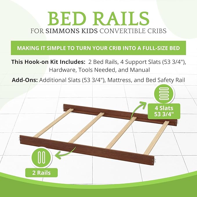 Full-Size Conversion Kit Bed Rails Compatible with Simmons Kids Convertible Cribs by Delta Children - Solid Wood - Toddler & Adult Bed Rail for Full-Size - Nursery Furniture (Chestnut, HOOK-ON KIT)
