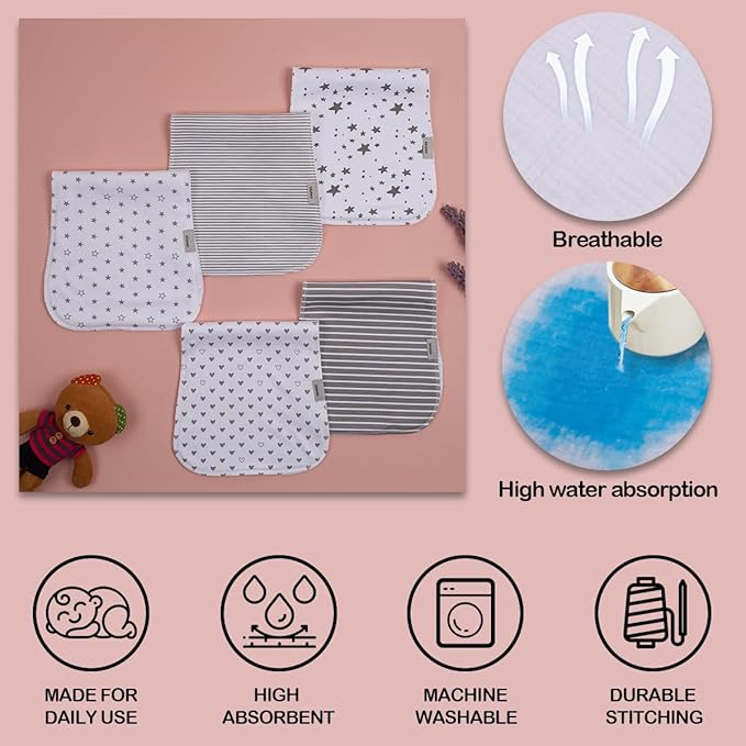 Maiwa 5 Pack Burp Cloths Baby Boy & Girl Soft Absorbent Burping Cloths for Babies, Newborn Spit Up Rags, Infant Towels, Unisex, Large 18.5" x 8.6" (Grey)