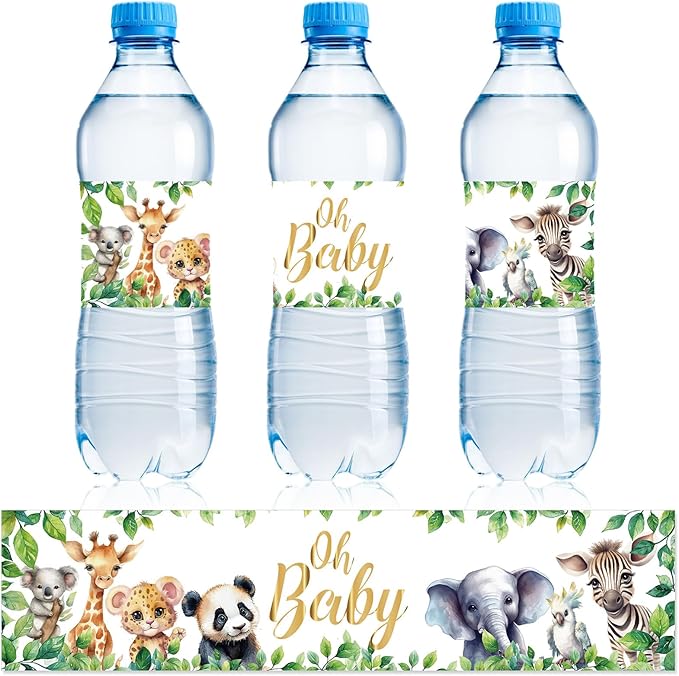 NQEUEPN 50pcs Baby Shower Water Bottle Labels, Waterproof Decorative Personalized Wrap Stickers for Party Decorations (Animal Style)