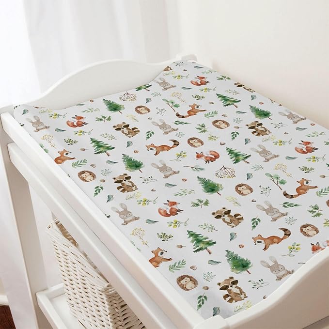 Watercolor Animals Baby Changing Pad Covers for Boy Girl 32''x16'' Raccoon Hedgehog Squirrel Fox Bunny Bird Forest Fitted Diaper Change Table Sheets Soft Breathable Baby Changing Table Mat