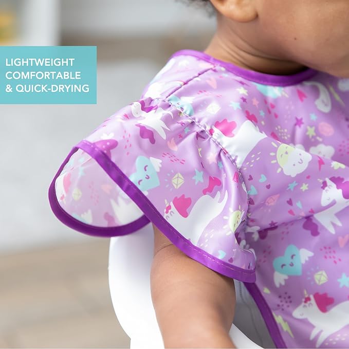 Bumkins Ruffle Apron Bib and 2-pack Sandwich Bags, Waterproof Fabric, Unicorns & Rainbows