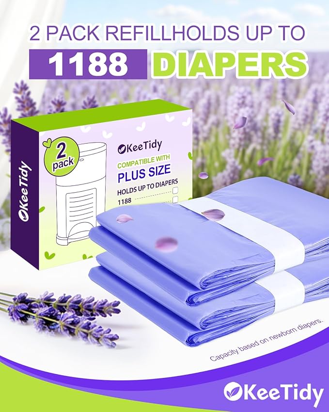 Diaper Pail Refill Bags Compatible with DEKOR PLUS Diaper Pails, 20% Extra Length Diaper Bags Disposable with Lavender Flavor, Holds up to 1188 Diapers, 2 Pack