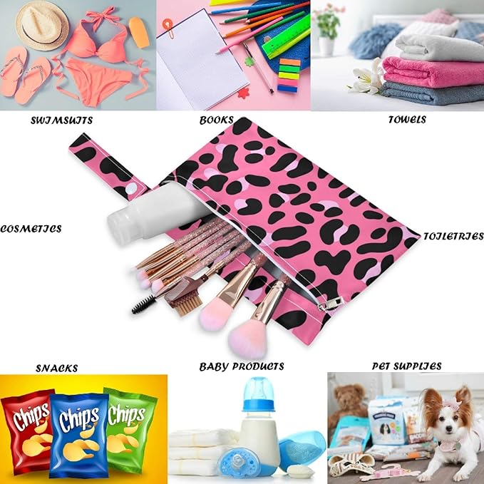 visesunny Leopard Skin Pink Pattern 2Pcs Wet Bag with Zippered Pockets Washable Reusable Roomy for Travel,Beach,Pool,Daycare,Stroller,Diapers,Dirty Gym Clothes, Wet Swimsuits, Toiletries