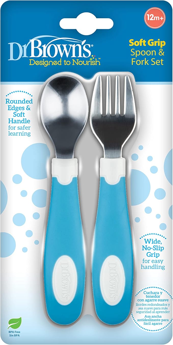 Dr. Brown's Soft-Grip Spoon and Fork Utensil Set, Safe Silverware for Toddlers, Blue, 12m+ – 2-pack