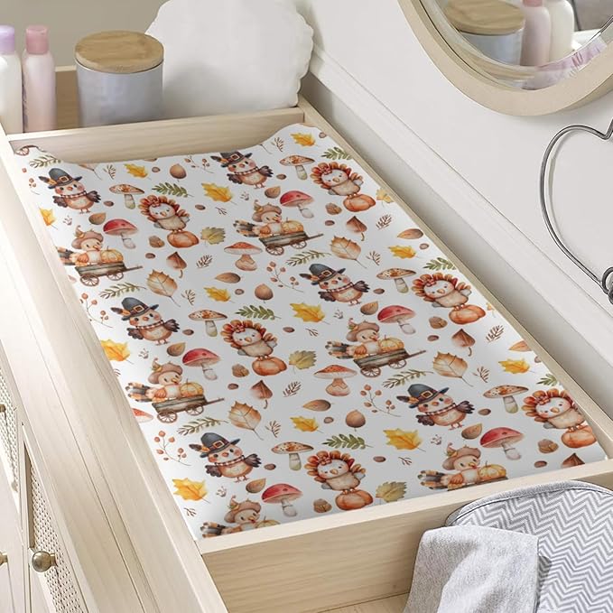 Cartoon Thanksgiving Turkey Pumpkin Mushroom Pattern Baby Changing Pad Cover, Unisex Fall Winter Nursery Diaper Changing Table Pad Mat Sheet for Boys Girls-16x32