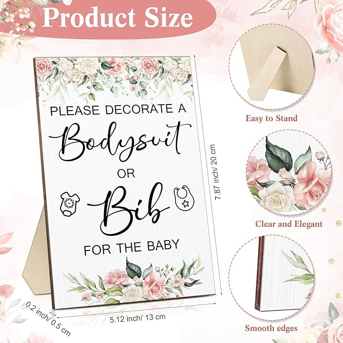 Roowest 35 Pcs Baby Shower Bibs Games Design Wooden Baby Shower Party Game Sign DIY Bodysuit Sign 15 White Blank Bibs 9 Bodysuit 10 Markers for Party Supplies(Flower)