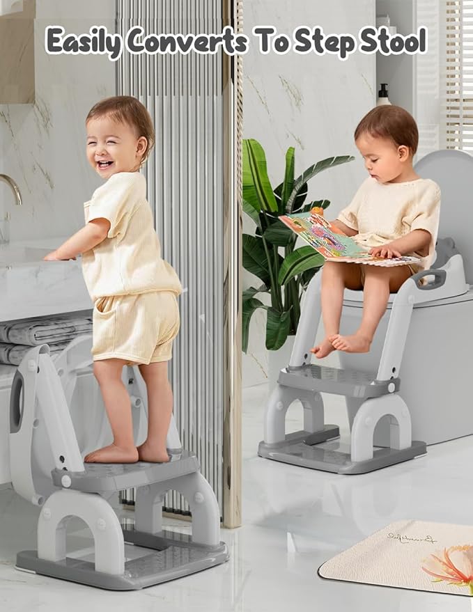 Potty Training Seat with Step Stool, Toddler Potty Training Toilet Seat with Non-Slip Step Splash Guard Safety Handles and Waterproof Cushion, 2 In 1 Toddler Potty Seat